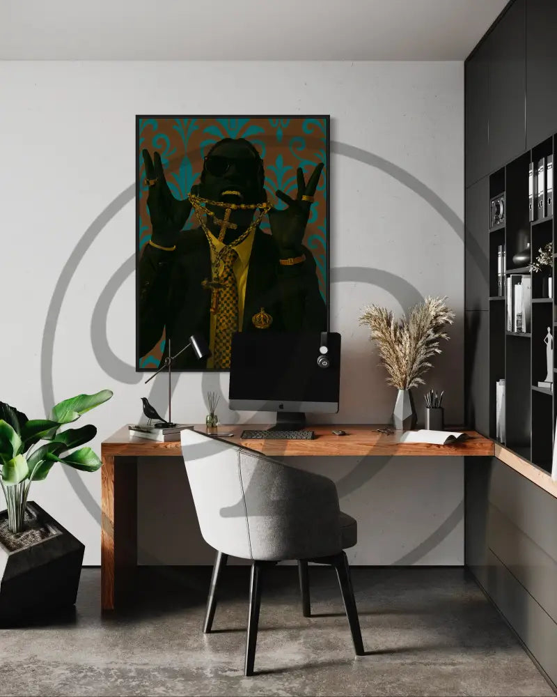 Urban digital wall art of a faceless Black man in gold jewelry.