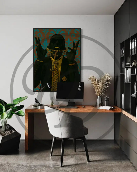 Urban digital wall art of a faceless Black man in gold jewelry.
