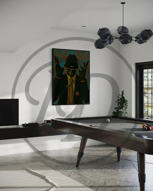Afrocentric print of stylish man with cross chain and suit.