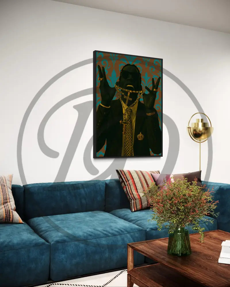 Contemporary wall art of Black man in patterned tie and accessories.