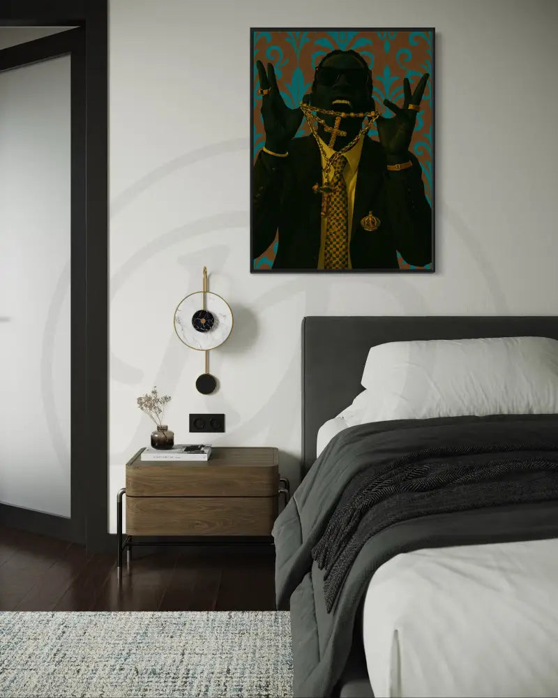 Digital artwork with gold cross chain on dark silhouette.