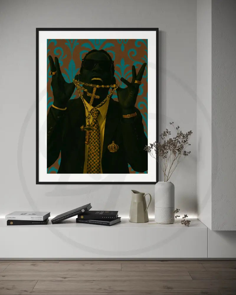 Black masculine energy print with layered gold and urban aesthetic.