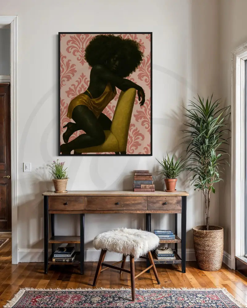 Printable art of elegant Black beauty in gold and rose tones.