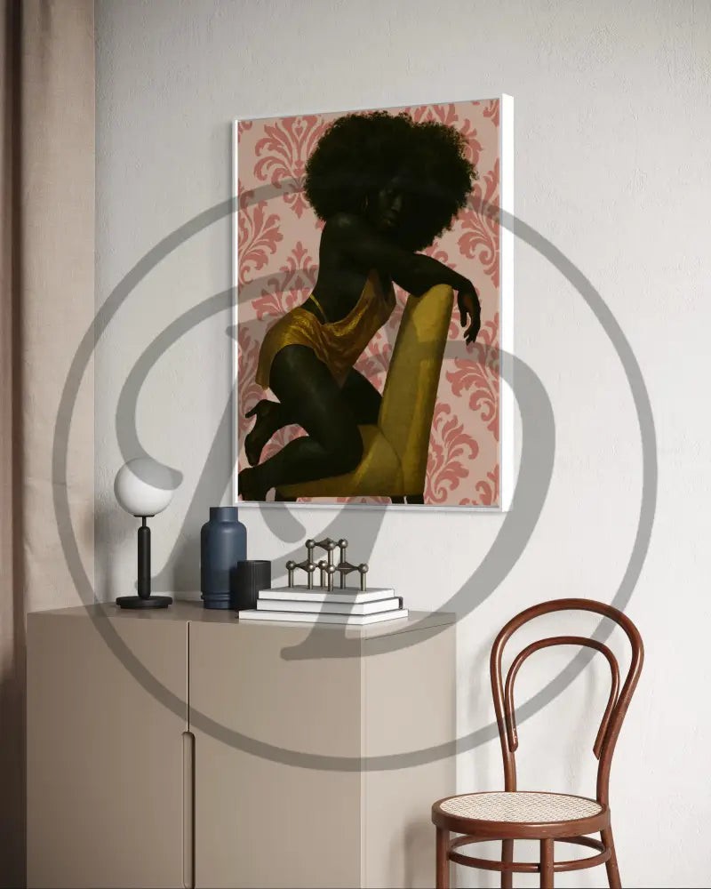 High-res art print of confident Black woman in modern decor.