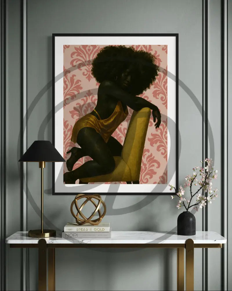 Feminine Afro wall art with damask background and strong silhouette.