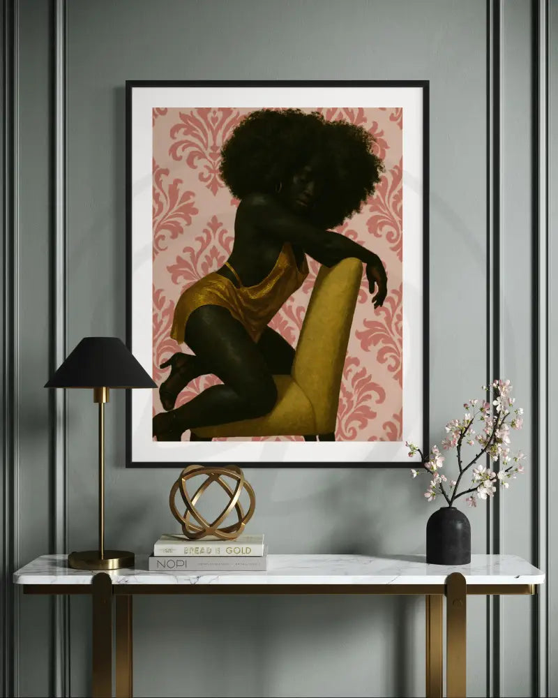 Feminine Afro wall art with damask background and strong silhouette.