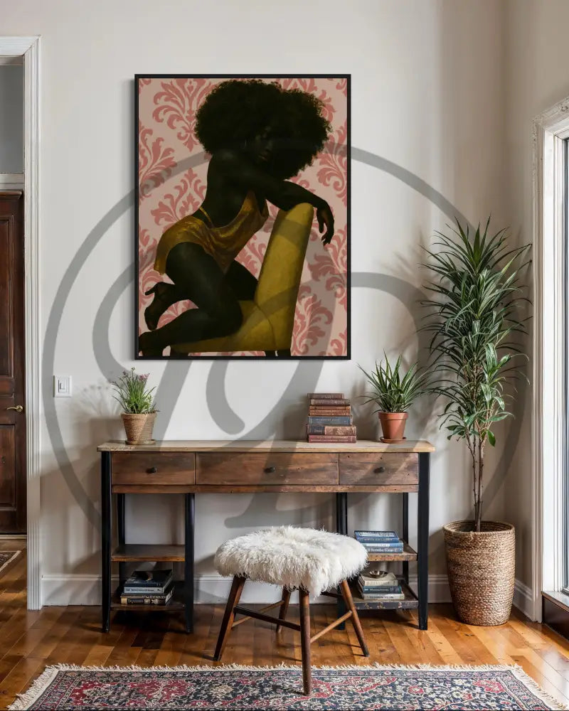 Printable art of elegant Black beauty in gold and rose tones.