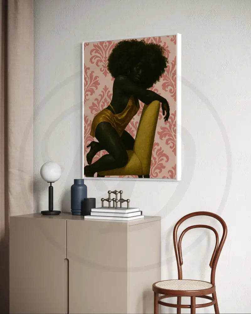 High-res art print of confident Black woman in modern decor.