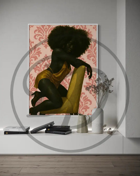 Digital art of faceless Black woman leaning over mustard chair.