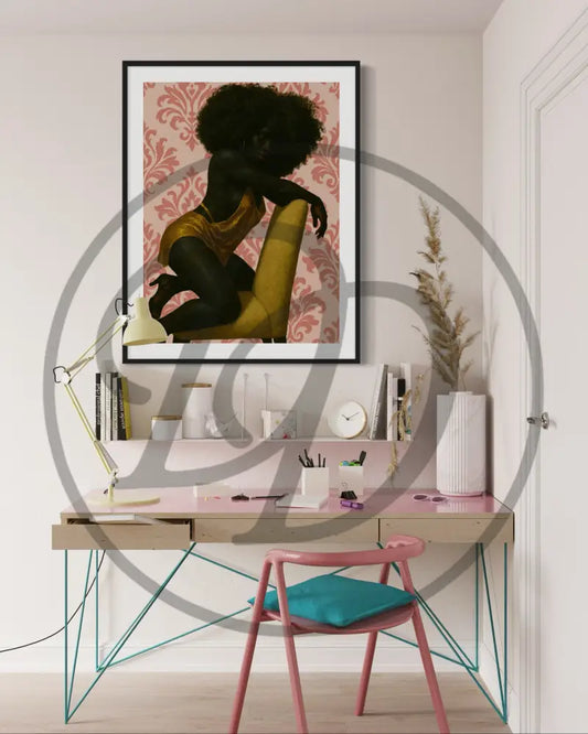 Bold Black woman wall print in gold outfit and soft pink backdrop.