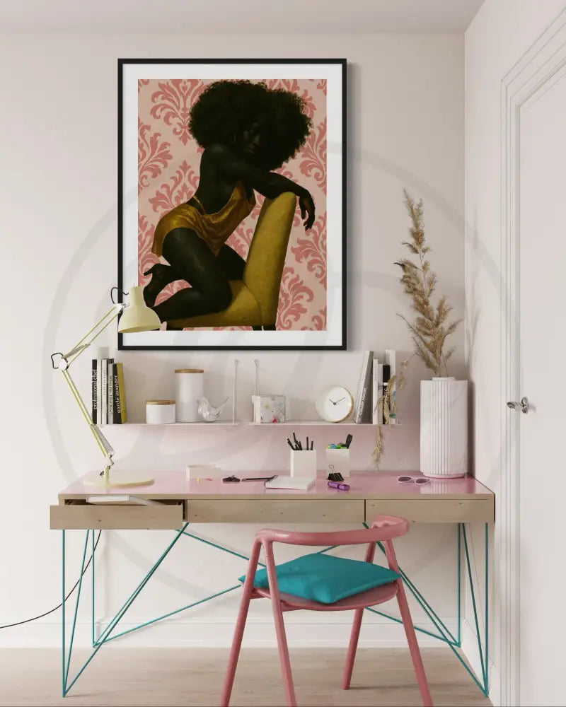 Bold Black woman wall print in gold outfit and soft pink backdrop.