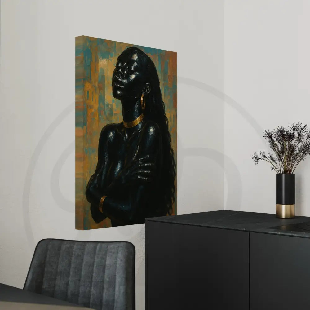 Powerful digital print of Black woman in serene pose.