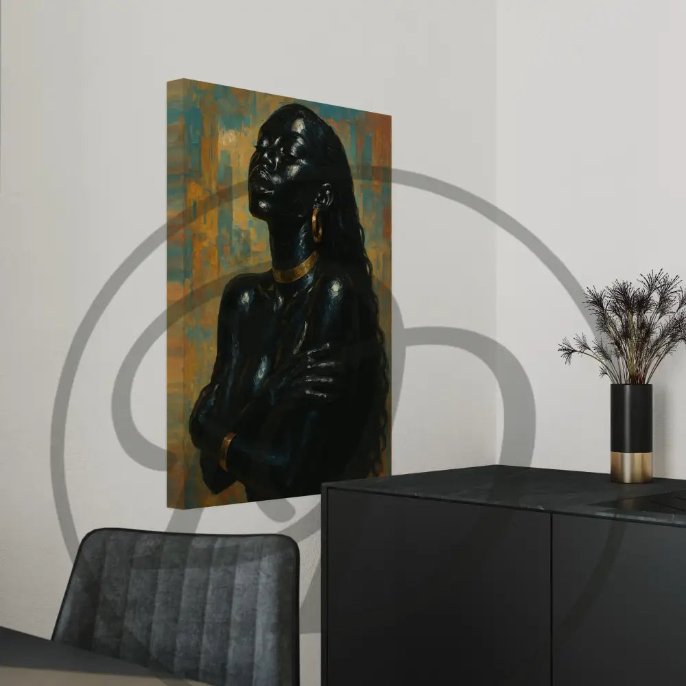Powerful digital print of Black woman in serene pose.