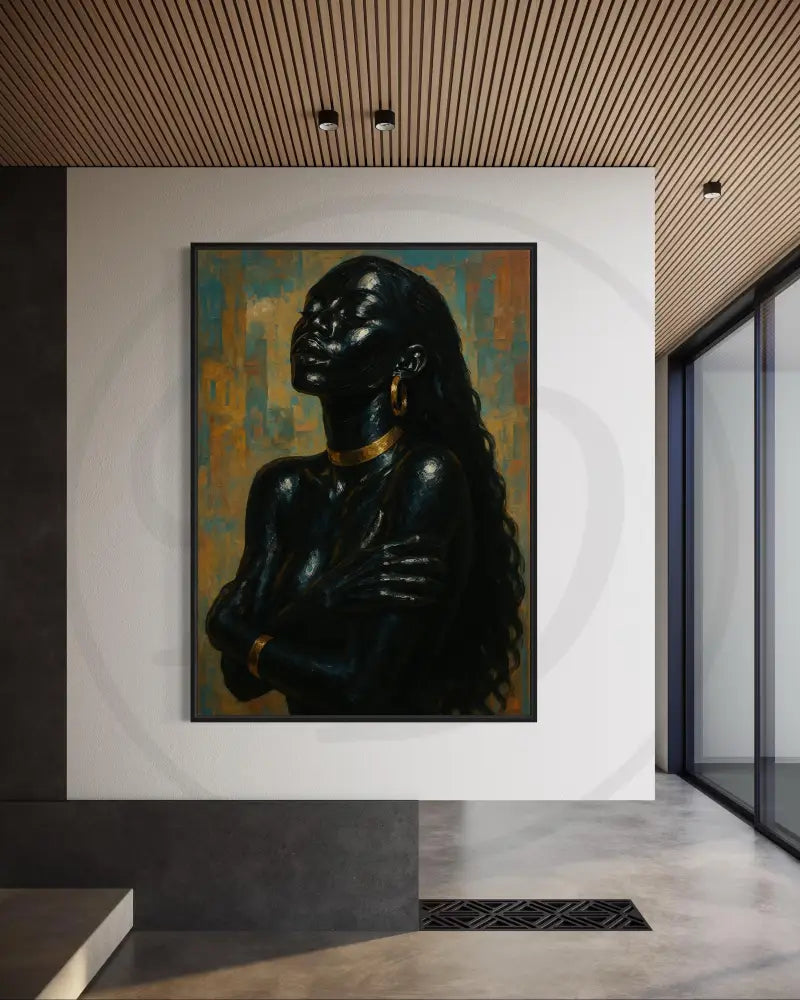 Afrocentric digital wall art of a Black woman embracing herself.