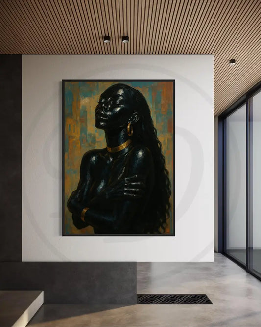 Afrocentric digital wall art of a Black woman embracing herself.