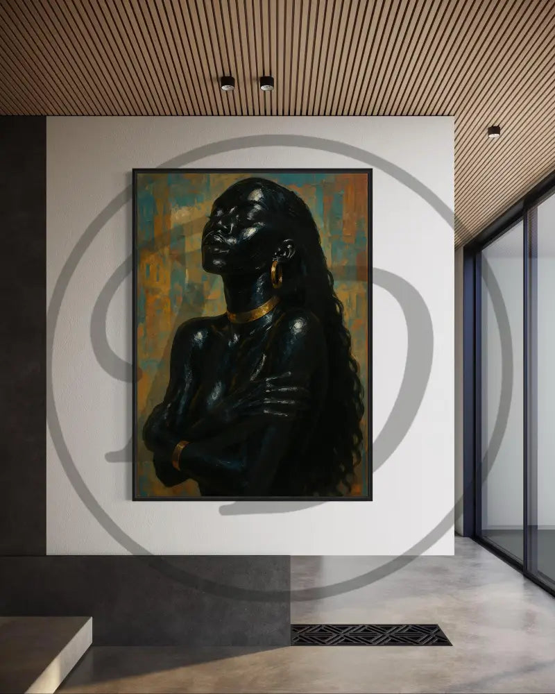 Afrocentric digital wall art of a Black woman embracing herself.