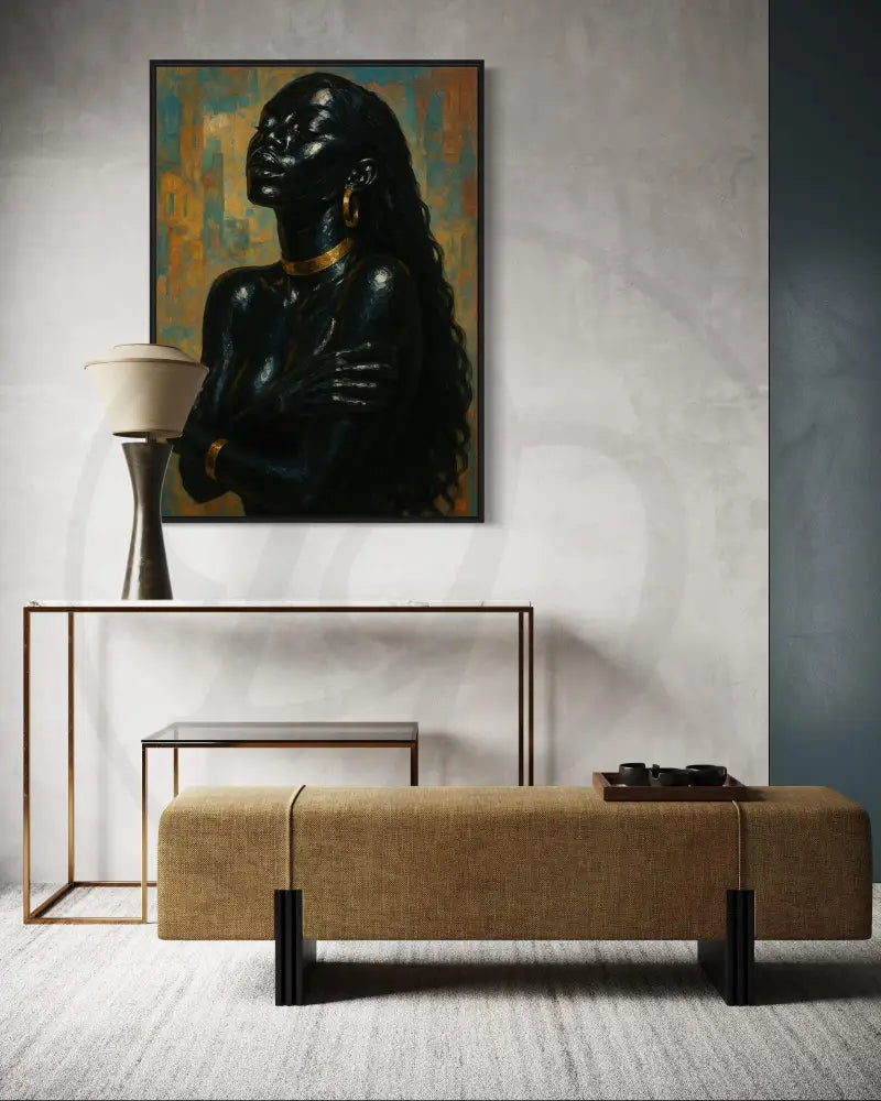 Printable artwork of Black woman with gold jewelry and textured tones.