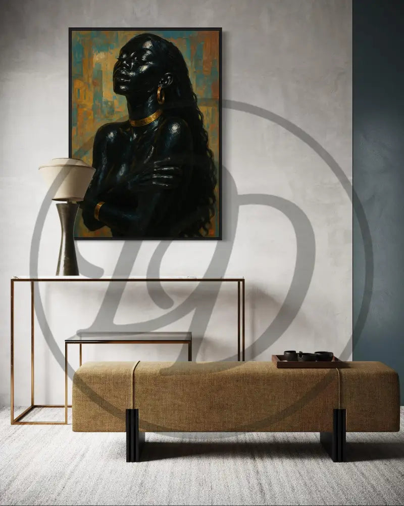 Printable artwork of Black woman with gold jewelry and textured tones.