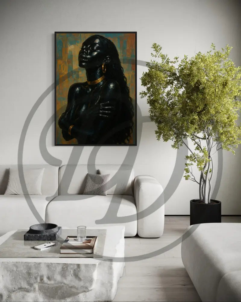 Elegant Afrocentric digital print of feminine strength.