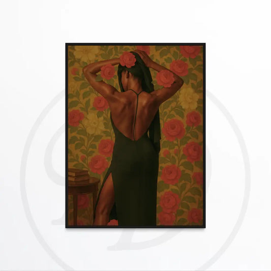 Afrocentric wall art of a Black woman in a green backless dress with floral backdrop