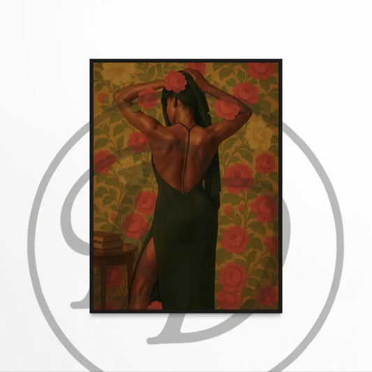 Afrocentric wall art of a Black woman in a green backless dress with floral backdrop