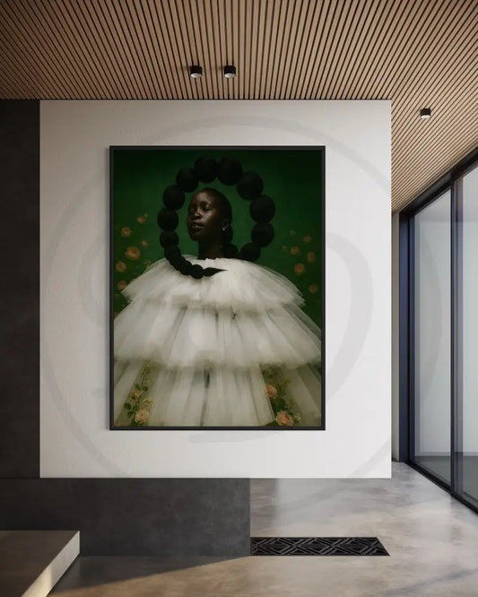 Black woman in voluminous white tulle dress with braided halo