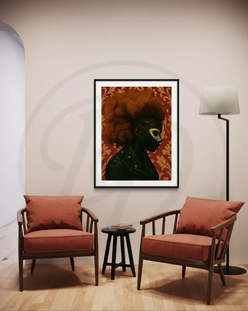 Digital art print featuring a Black woman in leather jacket and bold hair.