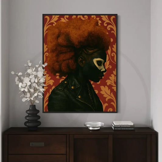 Afrocentric wall art of faceless Black woman with large afro in red.