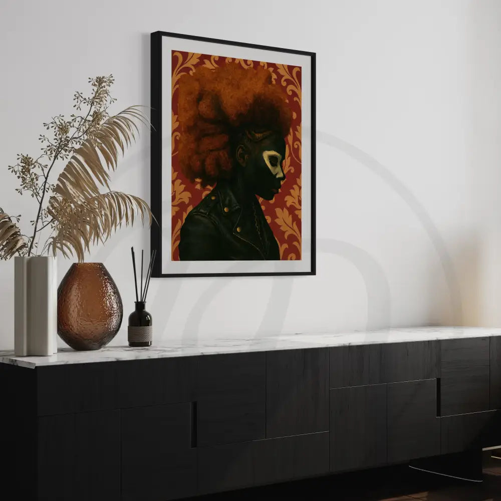 Digital print of Afro woman in leather with textured red background.