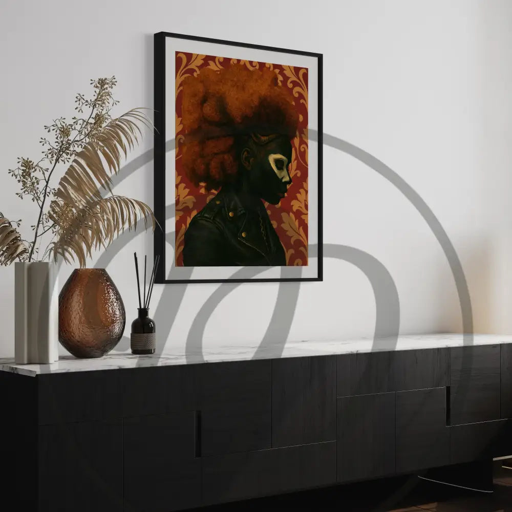 Digital print of Afro woman in leather with textured red background.