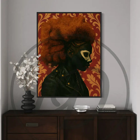 Afrocentric wall art of faceless Black woman with large afro in red.