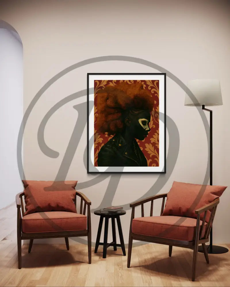 Digital art print featuring a Black woman in leather jacket and bold hair.
