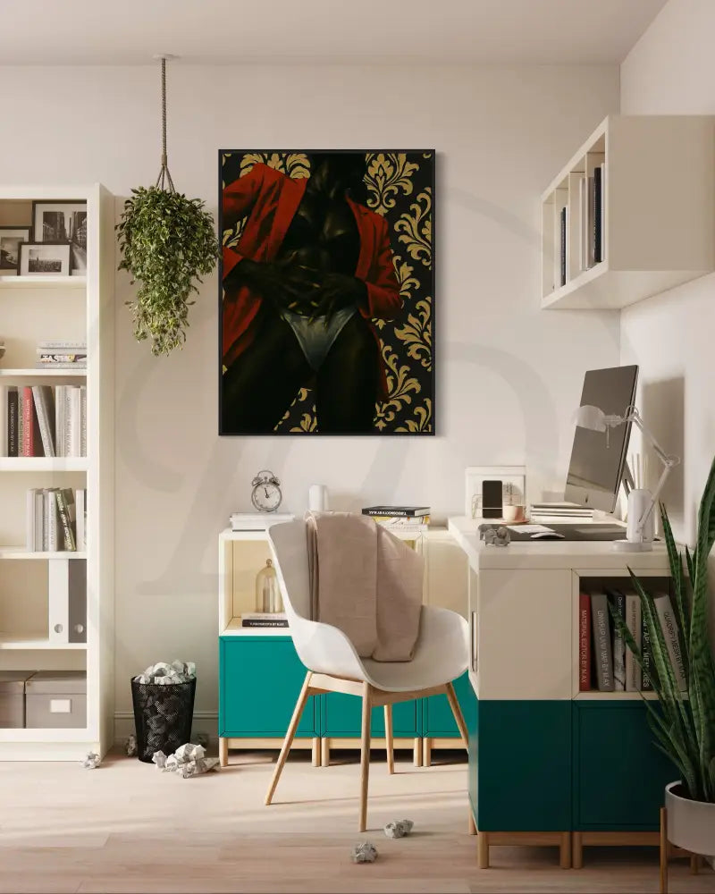 Bold feminine wall art of faceless Black woman with patterned background.