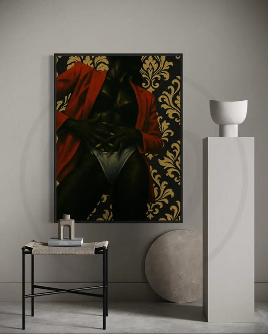 Digital wall art of faceless Black woman in red blazer and baroque backdrop.
