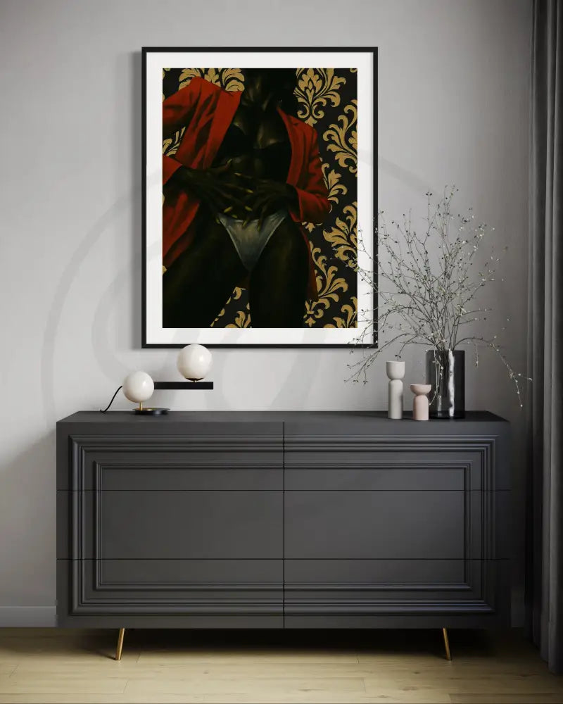 Statement wall print of faceless Black woman against ornate wallpaper.