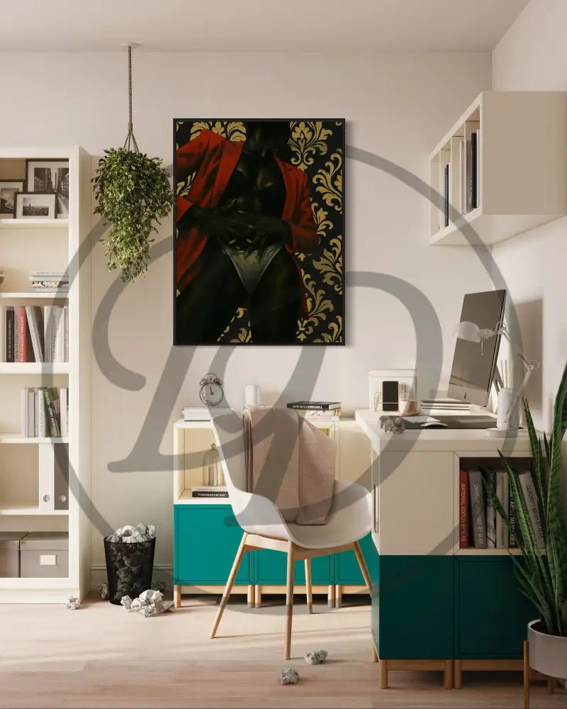 Bold feminine wall art of faceless Black woman with patterned background.