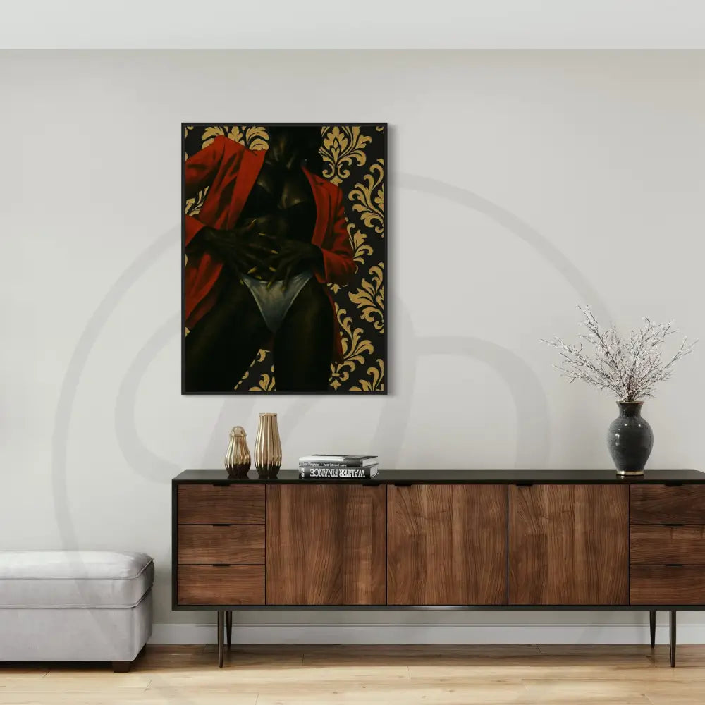Afrocentric printable artwork featuring sensual female silhouette in gold tones.
