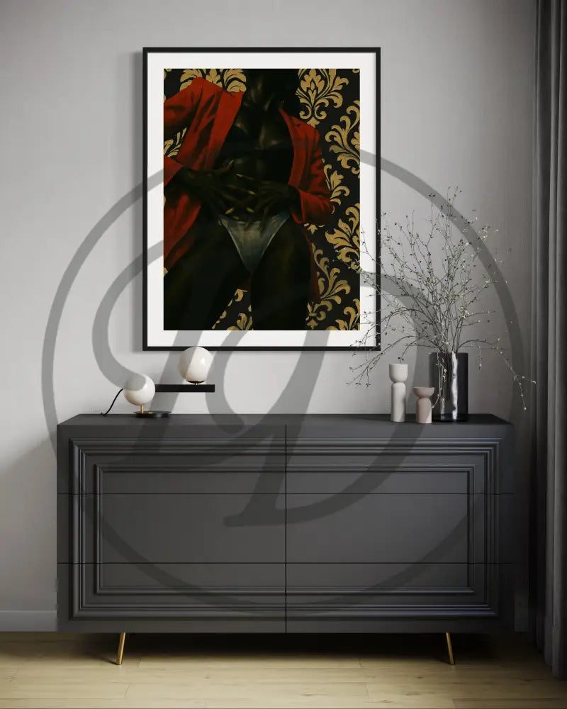 Statement wall print of faceless Black woman against ornate wallpaper.