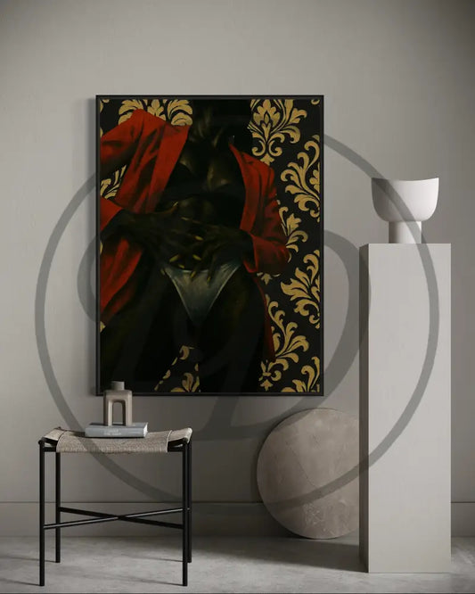 Digital wall art of faceless Black woman in red blazer and baroque backdrop.