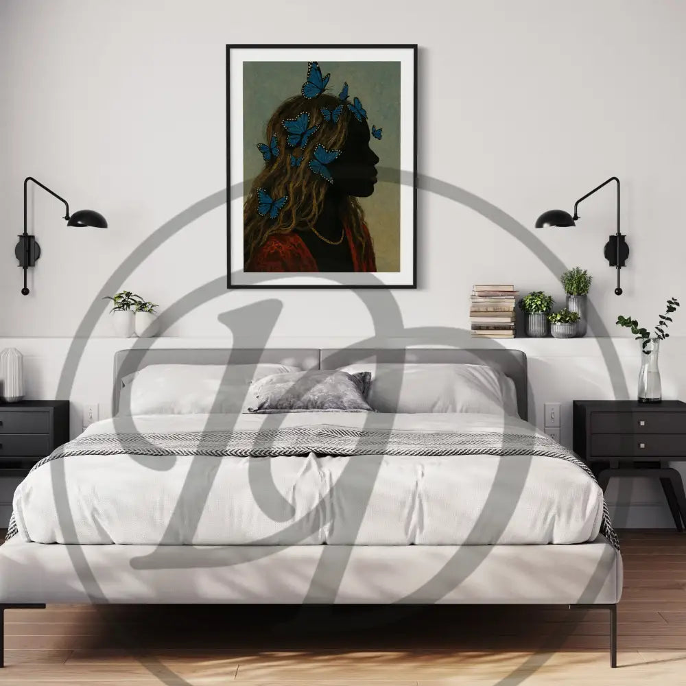 Black woman wall art digital download with blue butterflies and golden jewelry.