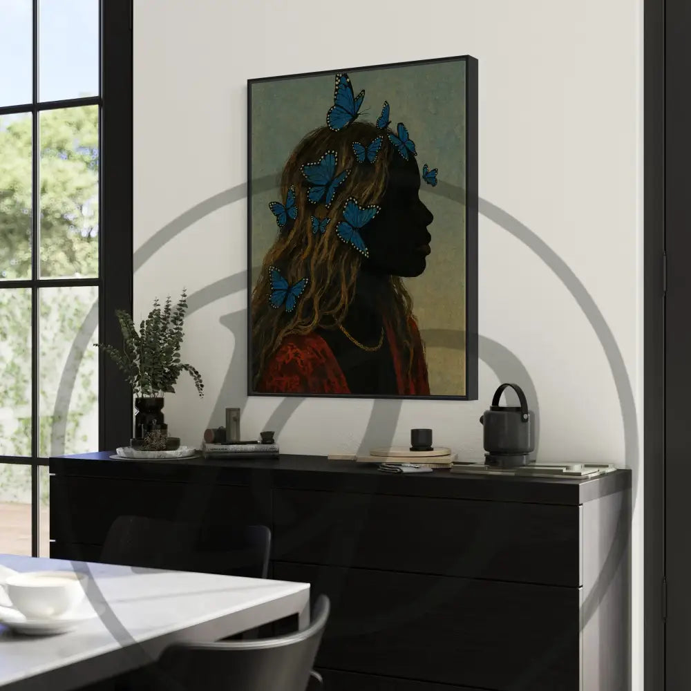 Graceful Black woman wall décor with blue butterflies.