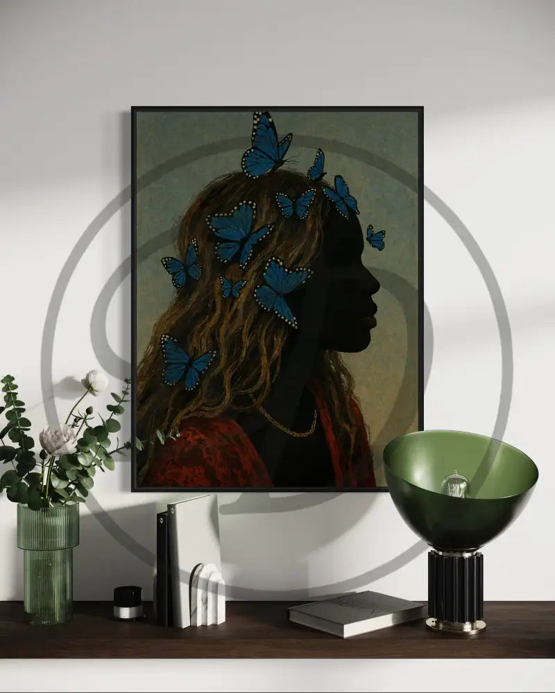 Elegant profile of Black woman with butterflies art print.