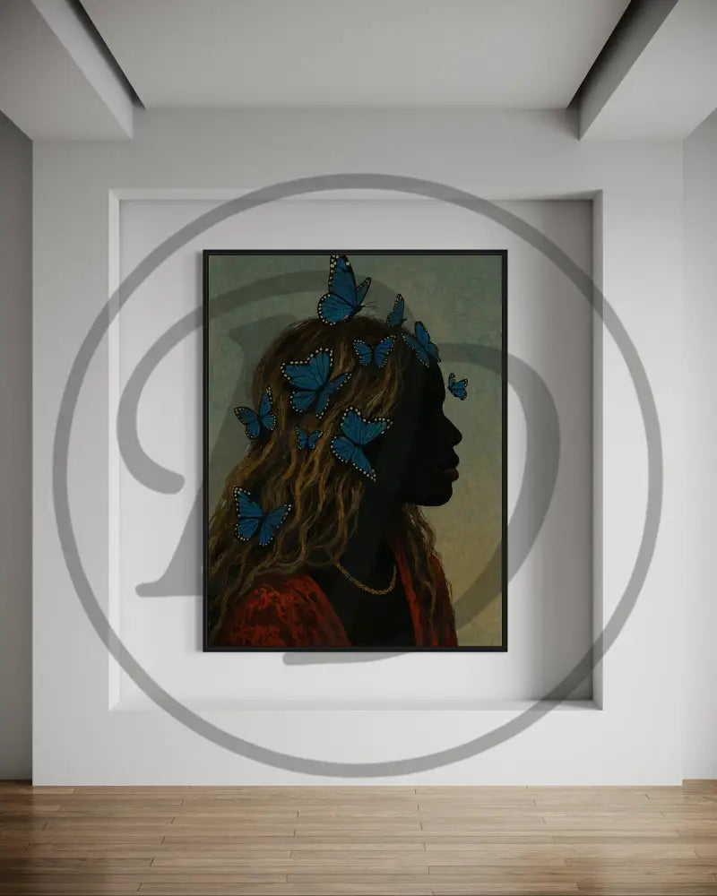 Blue butterfly themed Black woman wall art download.
