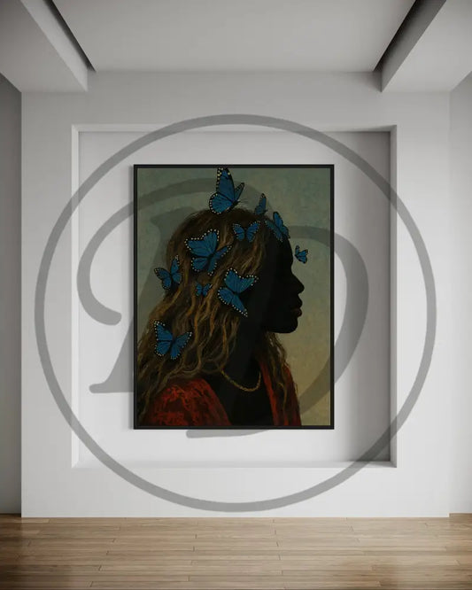 Blue butterfly themed Black woman wall art download.