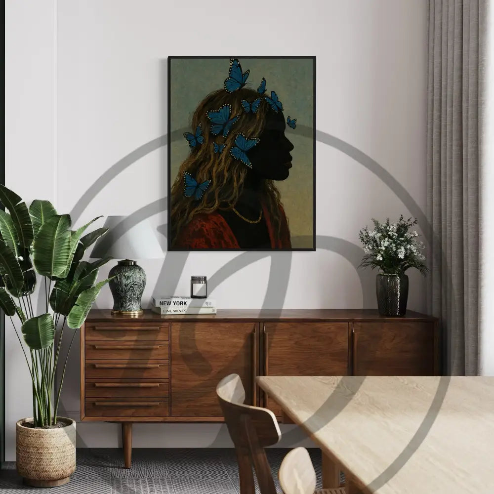 Modern Black woman with butterflies digital printable art.