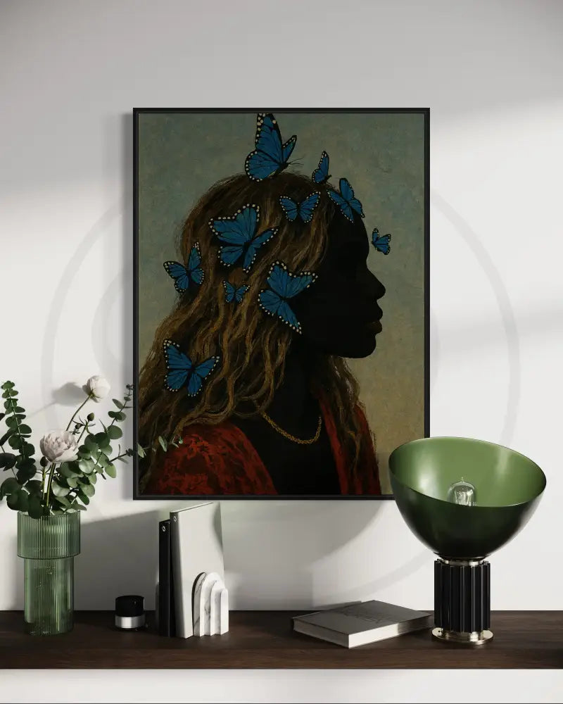 Elegant profile of Black woman with butterflies art print.