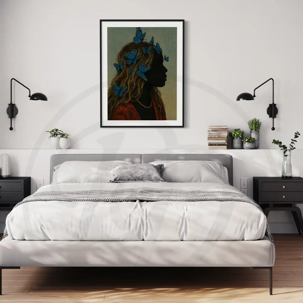 Black woman wall art digital download with blue butterflies and golden jewelry.