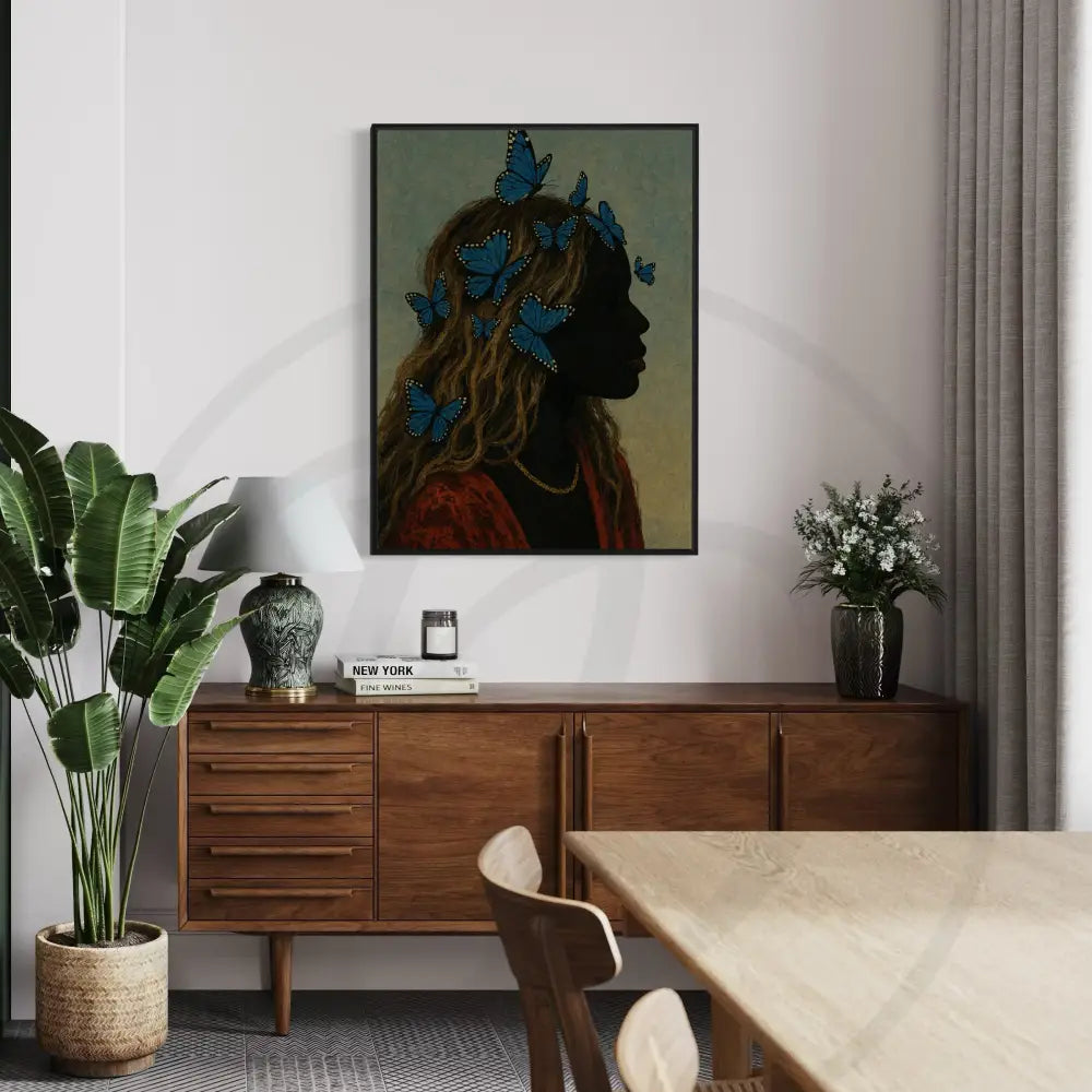 Modern Black woman with butterflies digital printable art.
