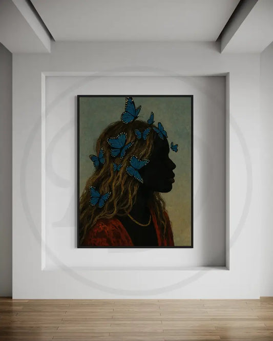Blue butterfly themed Black woman wall art download.