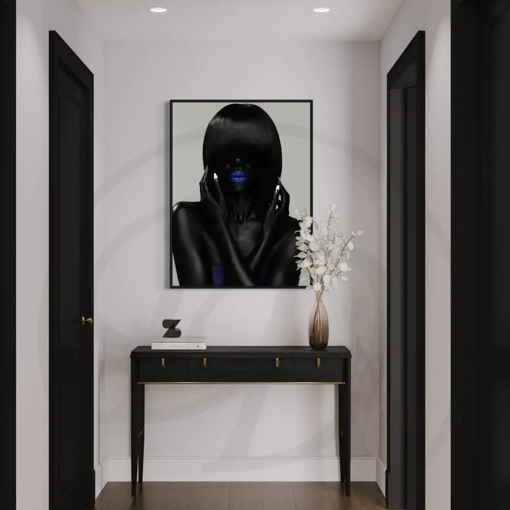 Minimalist portrait with straight black hair and white nails